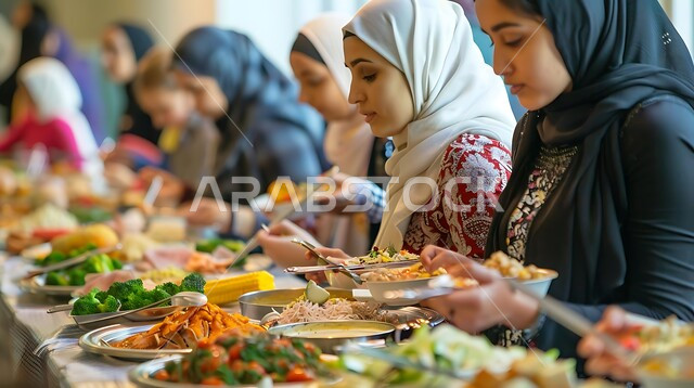 العزائم والولائم في الأعياد والمناسبات، أجواء شهر رمضان المبارك، المقبلات والأطباق والأصناف العربية الشرقية اللذيذة، مجموعة من النساء العربيات الخليجيات السعوديات المحجبات على مائدة طعام مليئة بالوجبات الرمضانية المتنوعة، سفرة من المأكولات الشعبية الشهية