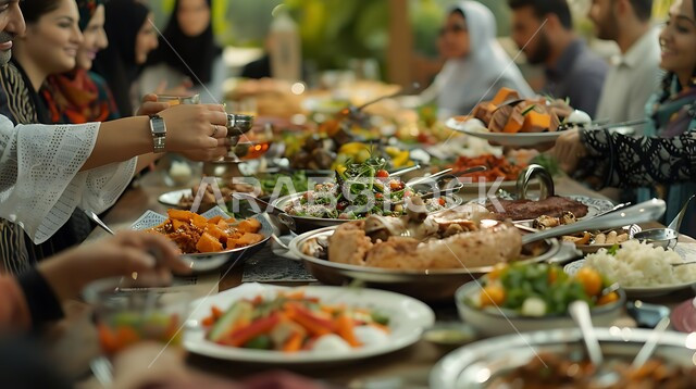 The atmosphere of the holy month of Ramadan, delicious appetizers, dishes and oriental Arabic dishes, a group of veiled Saudi Arabian Gulf women at a dining table full of various Ramadan meals, a table of delicious popular foods, invitations and banquets on holidays and occasions