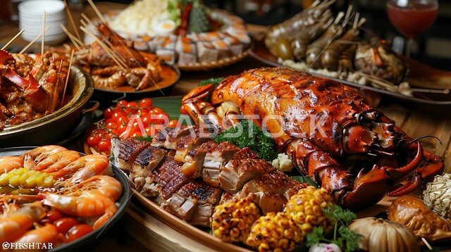 A dining table full of delicious seafood, the art of food presentation in Saudi kitchens and restaurants, delicious appetizers, dishes and oriental Arabic dishes, grilled meat varieties, healthy meals rich in protein