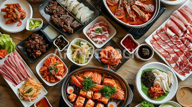 A dining table full of delicious seafood, the art of food presentation in Saudi kitchens and restaurants, delicious appetizers, dishes and oriental Arabic dishes, grilled meat varieties, healthy meals rich in protein