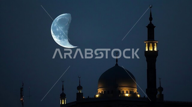 العبادة والتقرب إلى الله تعالى، منظر القمر المضيء في السماء، قدوم شهر الخير، تصاميم توضيحية ثلاثية الابعاد للمآذن والقبب المزخرفه للمساجد الإسلامية، الديكورات والتصاميم الهندسية المميزة في رمضان المبارك، زينة الاعياد والمناسبات الدينية