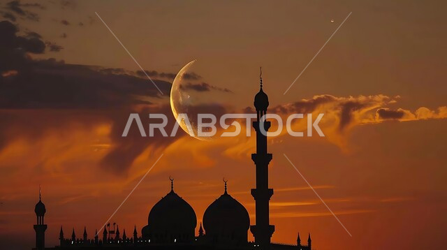 منظر الهلال في السماء، قدوم شهر الخير، العبادة والتقرب إلى الله تعالى، تصاميم توضيحية ثلاثية الابعاد للمآذن والقبب للمساجد الإسلامية، الديكورات والتصاميم الهندسية المميزة في رمضان المبارك