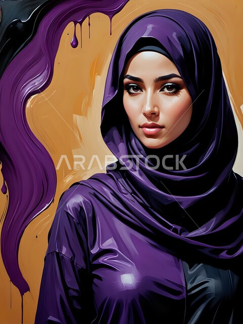 مفهوم الأنوثة والنعومة، ازياء محجبات عصرية فاخرة، الاهتمام بالمظهر الخارجي، بورتريه لامرأة عربية خليجية سعودية محجبة تنظر إلى الكاميرا بإيماءات الثقة بالنفس، خلفية ملونة