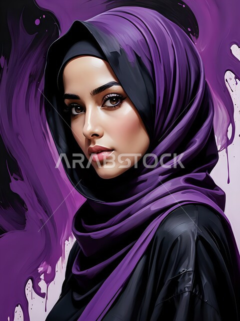 ازياء محجبات عصرية فاخرة، مفهوم الأنوثة والنعومة، الاهتمام بالمظهر الخارجي، بورتريه لامرأة عربية خليجية سعودية محجبة تنظر إلى الكاميرا بإيماءات الثقة بالنفس، خلفية ملونة