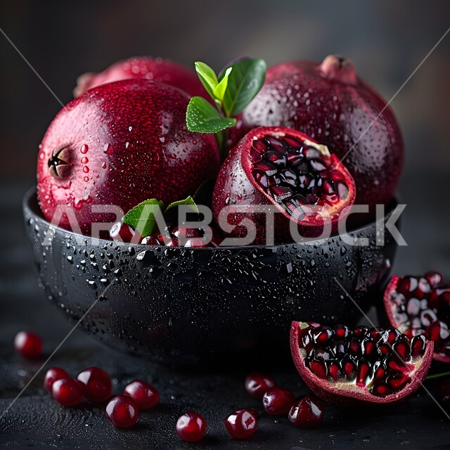 ثمار ذات قيمة غذائية عالية، صورة مقربة لفاكهة الرمان الناضجة المليئة بالفيتامينات، موسم  قطاف الرمان في المملكة العربية السعودية، محاصيل زراعية محلية