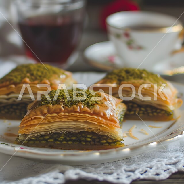 أطباق من الحلويات العربية الشرقية، مأكولات غنية بالسكريات والسعرات الحرارية، قطع البقلاوة الشهية، كرم الضيافة في المملكة العربية السعودية, منتجات محلية وطنية، حلى سعودي بالفستق والمكسرات