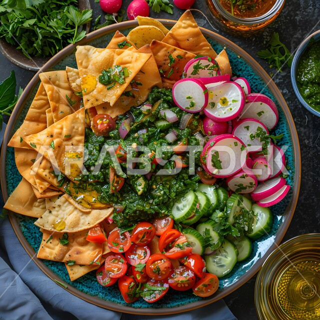  المقبلات والسلطات العربية اللذيذة في المطاعم السعودية, وعاء مليء بقطع الخضراوات والخبز المحمص، أطعمة ومأكولات صحية من المطابخ الشرقية، صورة مقربة لطبق من الفتوش الشهي