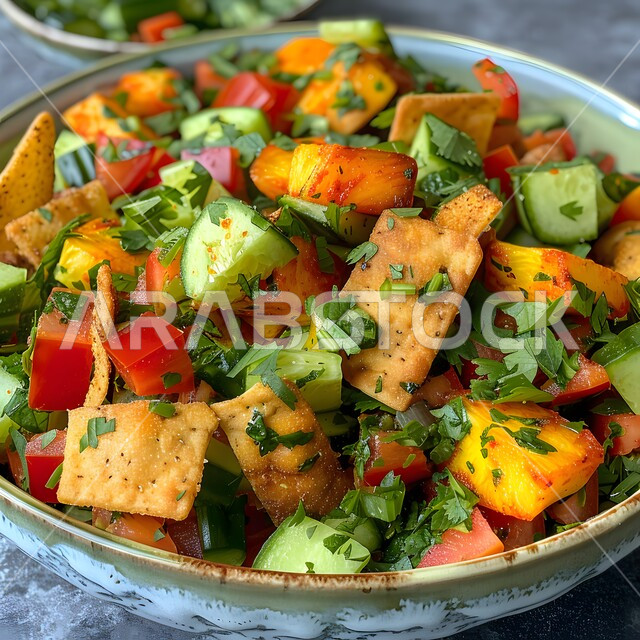  المقبلات والسلطات العربية اللذيذة في المطاعم السعودية, وعاء مليء بقطع الخضراوات والخبز المحمص، أطعمة ومأكولات صحية من المطابخ الشرقية، صورة مقربة لطبق من الفتوش الشهي