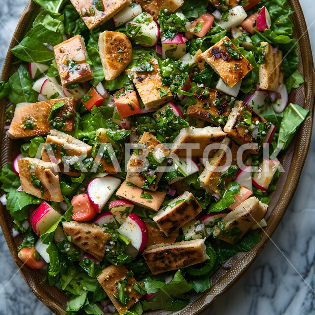  المقبلات والسلطات العربية اللذيذة في المطاعم السعودية, وعاء مليء بقطع الخضراوات والخبز المحمص، أطعمة ومأكولات صحية من المطابخ الشرقية، صورة مقربة لطبق من الفتوش الشهي