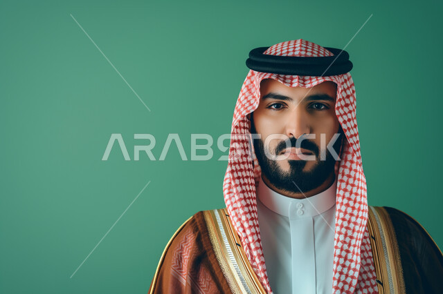 التحديق والتأمل وشرود الذهن, العناية والاهتمام بالمظهر الخارجي، بورتريه مقرب لشاب عربي سعودي خليجي وسيم يرتدي الشماغ والبشت التقليدي ينظر إلى الكاميرا ما بإيماءات الجدية والثقة بالنفس، مفهوم الأناقة والرجولة، خلفية خضراء