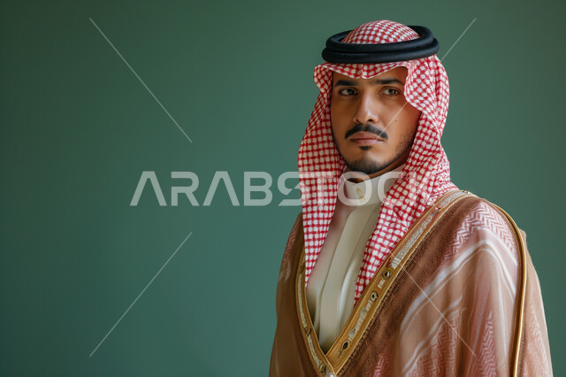  مفهوم الأناقة والرجولة، التحديق والتأمل وشرود الذهن, العناية والاهتمام بالمظهر الخارجي، بورتريه مقرب لشاب عربي سعودي خليجي وسيم يرتدي الشماغ والبشت التقليدي ينظر إلى الكاميرا ما بإيماءات الجدية والثقة بالنفس، خلفية خضراء