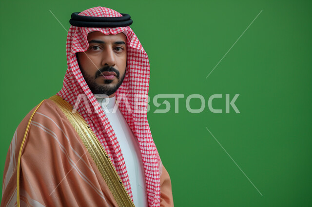Care and attention to external appearance, the concept of elegance and masculinity, staring, contemplation and absent-mindedness, a close-up portrait of a handsome Saudi Arabian Gulf man wearing a shemagh and traditional bisht, looking at the camera with gestures of seriousness and self-confidence, green background.