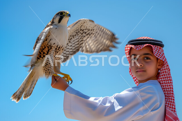 انتقال إرث الأجداد إلى الأحفاد، عراقة التراث السعودي في تربية الطيور الجارحة الحرة، صورة من الجانب لولد عربي خليجي سعودي يرتدي الثوب التقليدي والشماغ يحمل طائر الصقر على يده، ترويض الحيوانات في محميات طبيعية، انطلاق موسم صيد الصقور السنوي في المملكة