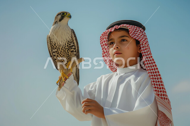 انتقال إرث الأجداد إلى الأحفاد، عراقة التراث السعودي في تربية الطيور الجارحة الحرة، صورة من الجانب لولد عربي خليجي سعودي يرتدي الثوب التقليدي والشماغ يحمل طائر الصقر على يده، ترويض الحيوانات في محميات طبيعية، انطلاق موسم صيد الصقور السنوي في المملكة