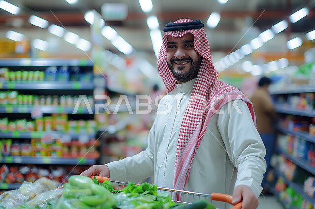 منتجات ومحاصيل زراعية محلية وطنية، متجر لبيع الاحتياجات والمستلزمات المنزلية، فواكه وخضراوات موسمية طازجة، صورة مقربة من الجانب لرجل عربي خليجي سعودي يرتدي الثوب التقليدي  والشماغ يقوم بالشراء والتبضع من إحدى الأسواق التقليدية, عرض المواد الغذائيه في الماركت