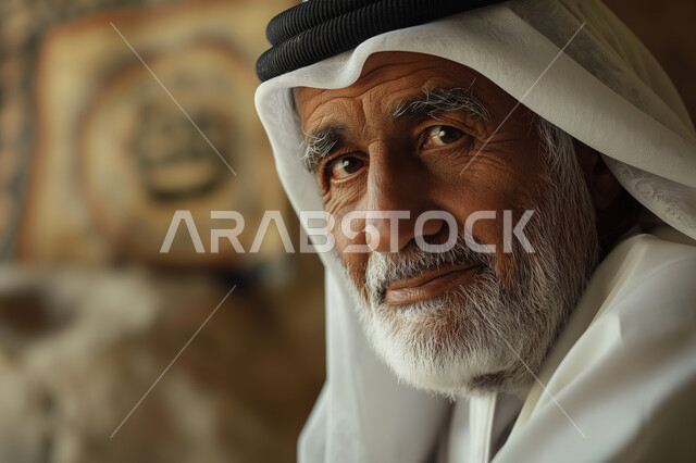 الاحتفالات بالمناسبات الوطنية, الفخر والاعتزاز بالانتماء الوطني, صورة مقربة لرجل عربي خليجي سعودي كبير بالسن يرتدي الزي التراثي, تأسيس الدولة السعودية الأولى 1727م، ارتداء أزياء شعبية تقليدية, ذكرى يوم التأسيس السعودي