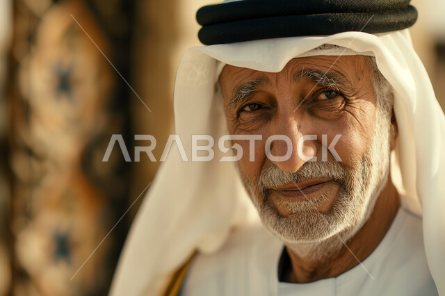 الاحتفالات بالمناسبات الوطنية, الفخر والاعتزاز بالانتماء الوطني, صورة مقربة لرجل عربي خليجي سعودي كبير بالسن يرتدي الزي التراثي, تأسيس الدولة السعودية الأولى 1727م، ارتداء أزياء شعبية تقليدية, ذكرى يوم التأسيس السعودي