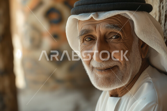 الاحتفالات بالمناسبات الوطنية, الفخر والاعتزاز بالانتماء الوطني, صورة مقربة لرجل عربي خليجي سعودي كبير بالسن يرتدي الزي التراثي, تأسيس الدولة السعودية الأولى 1727م، ارتداء أزياء شعبية تقليدية, ذكرى يوم التأسيس السعودي