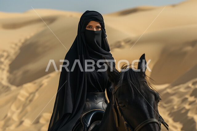 شغف الفروسية وممارسة هواية ركوب الخيل، سيدة عربية خليجية سعودية محجبة ترتدي العباءة وتتجول في الصحراء السعودية على ظهر جواد عربي أصيل، توارث حب الخيول من الأجداد ونشره بين أبناء الوطن، إمتطاء الحصان السعودي على الرمال الناعمة في المناطق الصحراوية