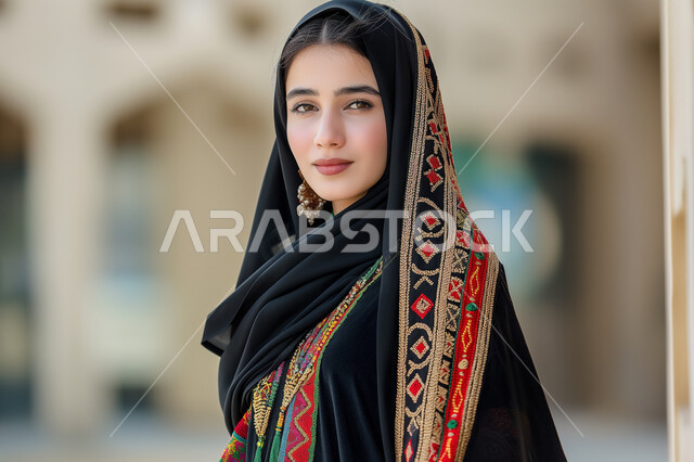  ملابس محجبات عصرية راقية، مفهوم الأنوثة والنعومة، الاهتمام بالمظهر الخارجي والأناقة، صورة مقربة لامرأة عربية خليجية سعودية محجبة مبتسمة تنظر إلى الكاميرا بايماءات الثقة بالنفس