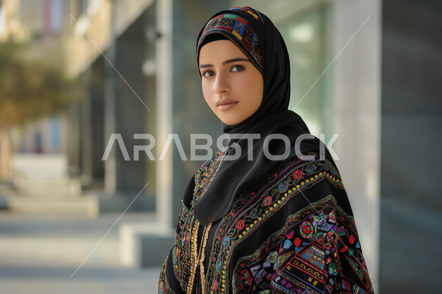  ملابس محجبات عصرية راقية، مفهوم الأنوثة والنعومة، الاهتمام بالمظهر الخارجي والأناقة، صورة مقربة لامرأة عربية خليجية سعودية محجبة مبتسمة تنظر إلى الكاميرا بايماءات الثقة بالنفس