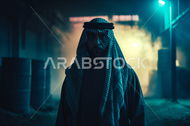 Gestures of frowning and dissatisfaction, the concept of elegance and masculinity, a close-up image of a smiling Saudi Arabian Gulf man wearing a shemagh and traditional thobe, standing straight with an expression of seriousness, care and attention to his external appearance