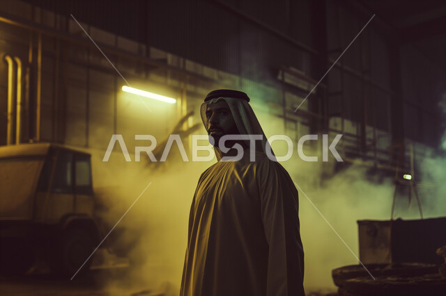 إيماءات العبوس وعدم الرضا, مفهوم الأناقة والرجولة، صورة مقربة لرجل عربي سعودي خليجي مبتسم يرتدي الشماغ والثوب التقليدي يقف باستقامة بتعابير الجدية, العناية والاهتمام بالمظهر الخارجي