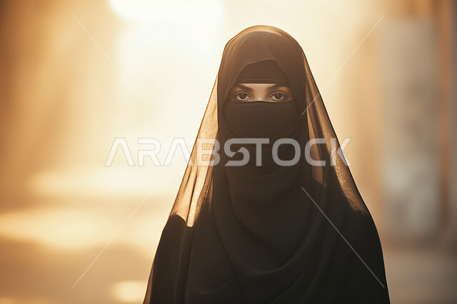 مفهوم الانوثة والنعومة، بورتريه مقرب لإمرأه عربيه سعودية خليجية سعودية محجبة ترتدي النقاب والعباءه السوداء تنظر الى الكاميرا بإيماءات الثقة بالنفس, الاهتمام بالأناقة والمظهر الخارجي