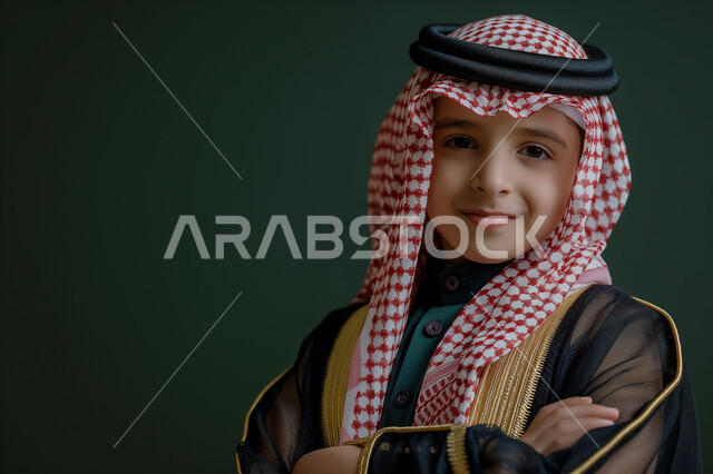 مفهوم الطفولة والبراءة والنعومة, الاهتمام بالمظهر الخارجي, بورتريه مقرب لولد عربي حليجي سعودي البشت المطرز والشماغ ينظر إلى الكاميرا, ارتداء الأزياء التقليدية, صورة للوثائق الرسمية, خلفية خضراء