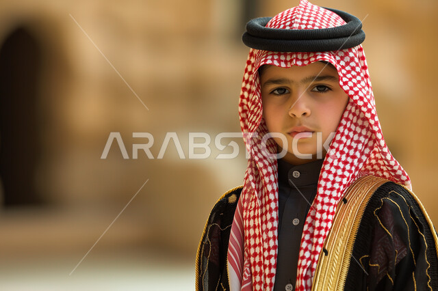 النعومة والطفولة واللطافة, مفهوم الاهتمام بالمظهر الخارجي, صورة مقربة لولد عربي خليجي سعودي يرتدي البشت المطرز والشماغ التقليدية, الوقوف ببراءة والنظر إلى الكاميرا بإيماءات الثقة