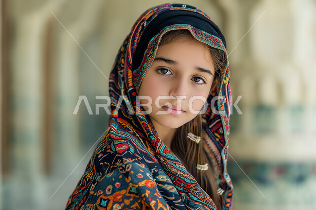 النظر إلى الكاميرا بإيماءات البراءة والطفولة، مفهوم النعومة واللطافة، الاهتمام بالمظهر الخارجي للأطفال، صورة مقربة مقرب لفتاة عربية خليجية سعودية محجبة مبتسمة ترتدي الزي التقليدي