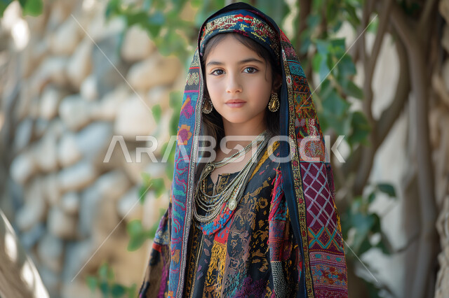 النظر إلى الكاميرا بإيماءات البراءة والطفولة، مفهوم النعومة واللطافة، الاهتمام بالمظهر الخارجي للأطفال، صورة مقربة مقرب لفتاة عربية خليجية سعودية محجبة مبتسمة ترتدي الزي التقليدي