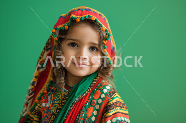 النظر إلى الكاميرا بإيماءات البراءة والطفولة، مفهوم النعومة واللطافة، الاهتمام بالمظهر الخارجي للأطفال، صورة مقربة مقرب لفتاة عربية خليجية سعودية محجبة مبتسمة ترتدي الزي التقليدي