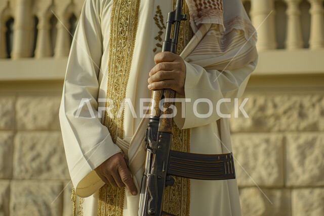 براعة السعوديين في الصيد, إقامة نادي الصقور في المملكة في ذكرى تأسيس الدولة الأولى 1727, صورة مقربة لشاب عربي خليجي سعودي يرتدي الشماغ والبشت يستخدام البندقية لقنص الحيوانات البرية , يوم التأسيس 22 فبراير