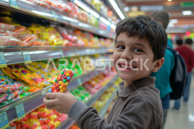 اختيار السلع والمواد الغذائية المختلفة, ولد عربي سعودي خليجي يرتدي الزي الكاجوال يقوم بانتقاء الكاندي, الحيرة في الحصول المنتج الأفضل,متعة الشراء والتسوق في احدى المتاجر والبقالات السعوديه