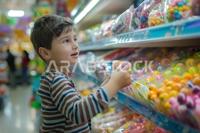 اختيار السلع والمواد الغذائية المختلفة, ولد عربي سعودي خليجي يرتدي الزي الكاجوال يقوم بانتقاء الكاندي, الحيرة في الحصول المنتج الأفضل,متعة الشراء والتسوق في احدى المتاجر والبقالات السعوديه