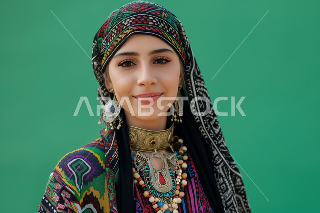 ايماءات السعادة والسرور، الصور الشخصية للوثائق الرسمية، الأزياء العصرية للمحجبات، الإهتمام بالمظهر الخارجي والأناقة، مفهوم الأنوثة والنعومة، بورتريه مقرب لامرأة عربية خليجية سعودية محجبة ترتدي عباءة تقف باستقامة، خلفية خضراء