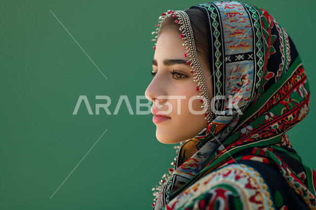 ايماءات السعادة والسرور، الصور الشخصية للوثائق الرسمية، الأزياء العصرية للمحجبات، الإهتمام بالمظهر الخارجي والأناقة، مفهوم الأنوثة والنعومة، بورتريه مقرب لامرأة عربية خليجية سعودية محجبة ترتدي عباءة تقف باستقامة، خلفية خضراء