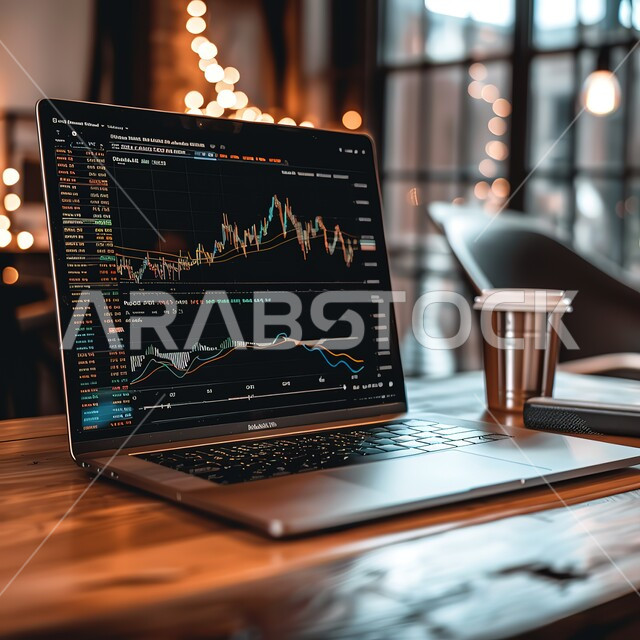 تداول العملة الرقمية، دمج التكنولوجيا المتطورة مع العمل، مراقبة ارتفاع وانخفاض الأسهم في سوق البورصه، إنجاز وتحقيق أهداف الشركة, عرض مخطط الرسم البياني للنمو الاقتصادي على شاشة الحاسوب المحمول