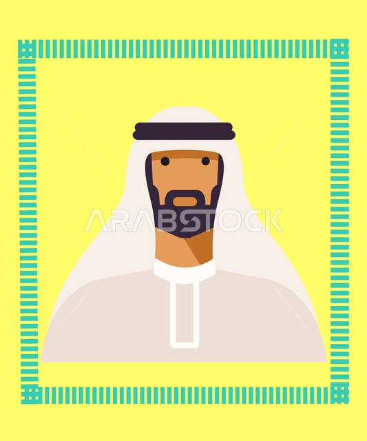 الاهتمام بالمظهر الخارجي، ارتداء الملابس التقليدية، رسوم توضيحية لرجل عربي خليجي اماراتي يرتدي الكندورة والغترة، مفهوم الاناقة والرجولة، خلفية صفراء مع اطار اخضر