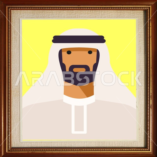 The concept of elegance and masculinity, interest in appearance, wearing traditional clothes, illustrations of an Arab Gulf Emirati man wearing a kandura and ghutra, yellow background with a brown frame