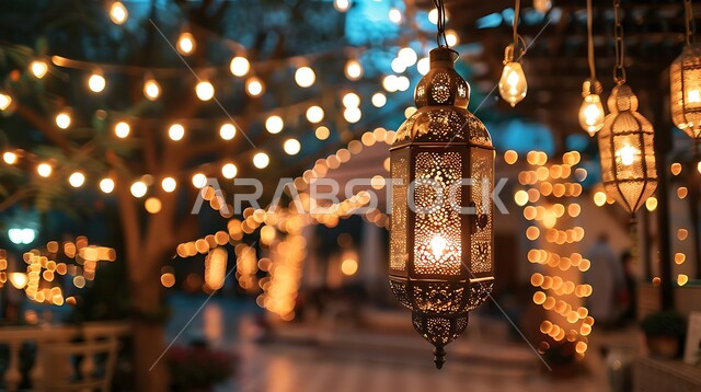 الاحتفال بشهر رمضان المبارك، فوانيس اسلامية وتحف تقليدية للاستعداد لقدوم شهر الخير، أضواء وأنوار وديكورات المناسبات الاسلامية والدينية، الأجواء الرمضانية الروحانية، فانوس عربي معدني مزخرف مضيء