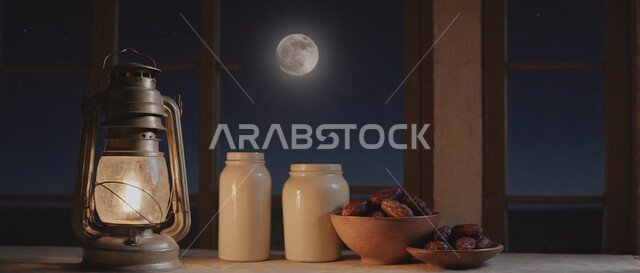ديكورات وزينة رمضان المبارك, الأجواء الروحانية والاحتفال بالمناسبات والأعياد الدينية الاسلامية، صورة مقربة لفانوس معدني تقليدي مضيء على سطح خشبي مع أطباق من التمر في الليل, البهجة بقدوم شهر الخير، تحف واكسسوارت متميزة، ضيافة رمضانية شهية