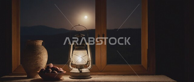 ضيافة رمضانية شهية، ديكورات وزينة رمضان المبارك, الأجواء الروحانية والاحتفال بالمناسبات والأعياد الدينية الاسلامية، صورة مقربة لفانوس معدني تقليدي مضيء على سطح خشبي مع طبق من التمر أمام نافذة مطلة على الطبيعة وقت الليل, البهجة بقدوم شهر الخير، تحف واكسسوارت متميزة