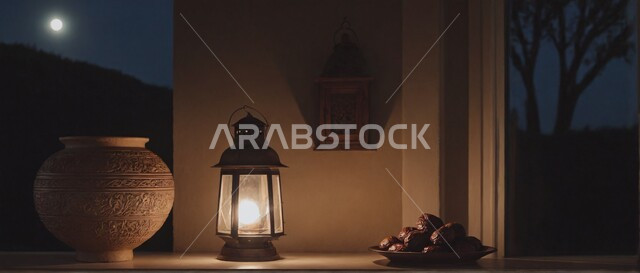 الأجواء الروحانية والاحتفال بالمناسبات والأعياد الدينية الاسلامية، صورة مقربة لفانوس معدني تقليدي مضيء على سطح خشبي مع طبق من التمر أمام نافذة مطلة على الطبيعة وقت الليل, البهجة بقدوم شهر الخير، ضيافة رمضانية شهية، ديكورات وزينة رمضان المبارك