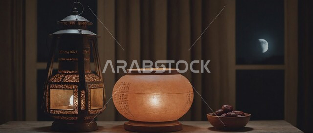 تحف واكسسوارت متميزة، ضيافة رمضانية شهية، ديكورات وزينة رمضان المبارك, الأجواء الروحانية والاحتفال بالمناسبات والأعياد الدينية الاسلامية، صورة مقربة لفانوس معدني تقليدي مضيء على سطح خشبي مع طبق من التمر, البهجة بقدوم شهر الخير