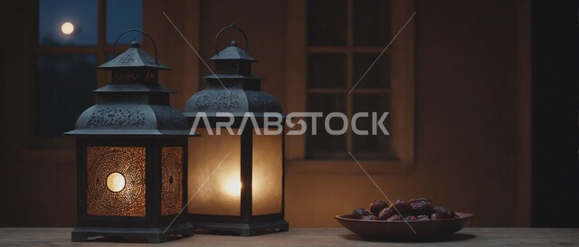 ديكورات وزينة رمضان المبارك, الأجواء الروحانية والاحتفال بالمناسبات والأعياد الدينية الاسلامية، صورة مقربة لفوانيس معدنية تقليدية مضيئة على سطح خشبي مع طبق من التمر وقت الليل, البهجة بقدوم شهر الخير، تحف واكسسوارت متميزة، ضيافة رمضانية شهية
