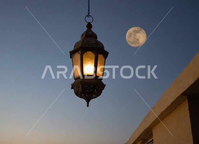 ديكورات وزينة رمضان المبارك, الأجواء الروحانية والاحتفال بالمناسبات والأعياد الدينية الاسلامية، صورة مقربة لفانوس معدني تقليدي مضيء معلق في الخارج, البهجة بقدوم شهر الخير، تحف واكسسوارت متميزة، ضيافة رمضانية شهية