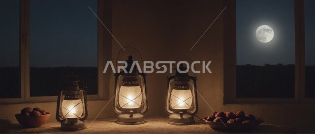 البهجة بقدوم شهر الخير، تحف واكسسوارت متميزة، ضيافة رمضانية شهية، ديكورات وزينة رمضان المبارك, الأجواء الروحانية والاحتفال بالمناسبات والأعياد الدينية الاسلامية، صورة لفوانيس معدنية تقليدية مضيئة على سطح خشبي مع أطباق من التمر أمام نافذة مطلة على الطبيعة