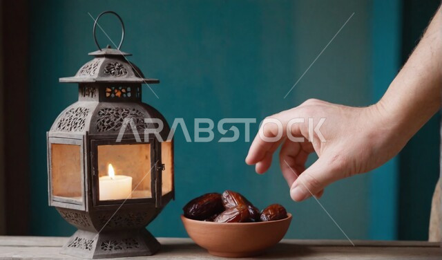 الأجواء الروحانية والاحتفال بالمناسبات والأعياد الدينية الاسلامية، ديكورات وزينة رمضان المبارك, صورة مقربة ليد رجل خليجي سعودي يأخذ حبة التمر من الطبق، فانوس معدني تقليدي مضيء بشمعة على سطح خشبي, البهجة بقدوم شهر الخير، تحف واكسسوارت متميزة، ضيافة رمضانية شهية